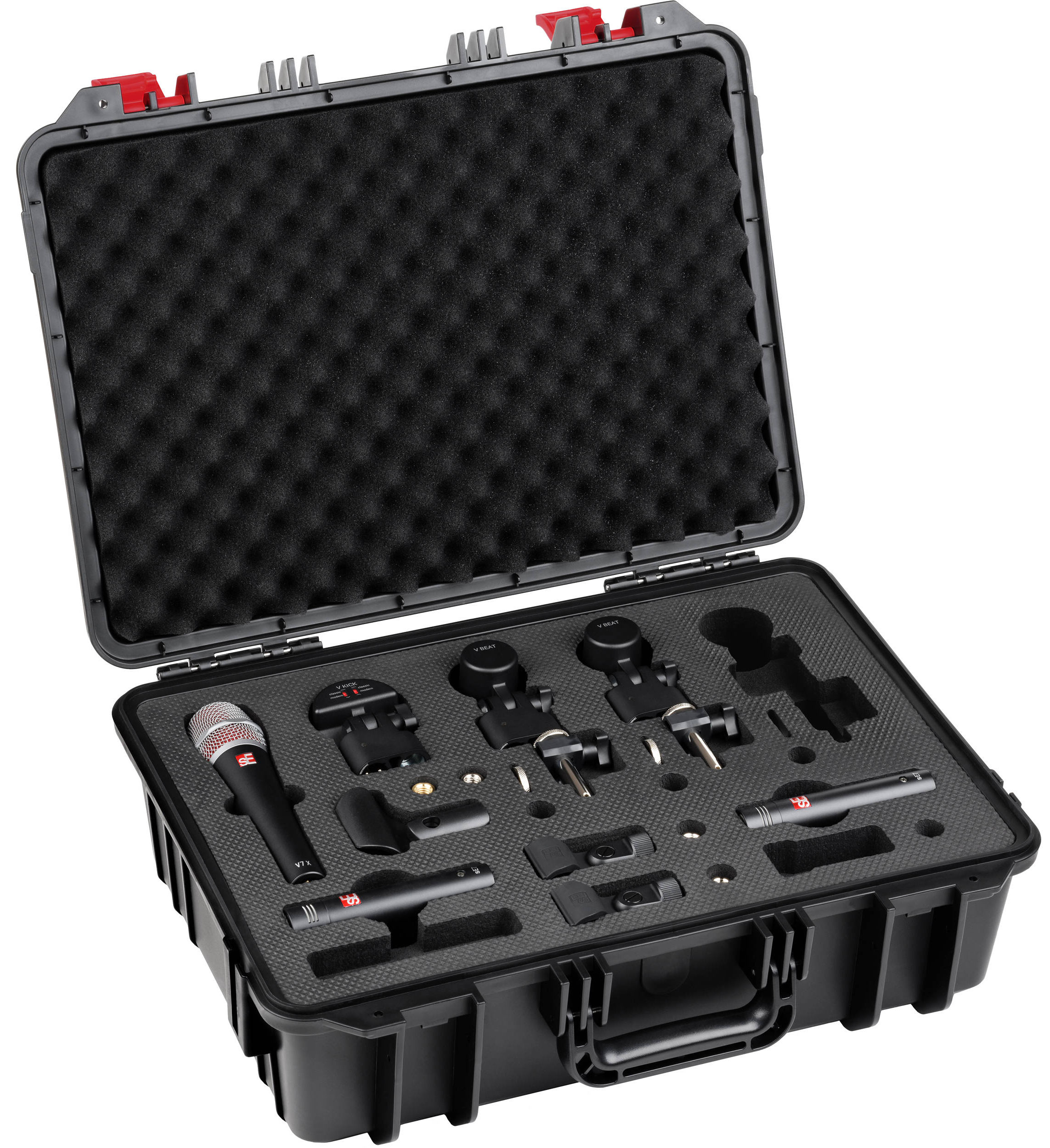 Набор микрофонов для ударной установки sE Electronics [V PACK CLUB] 1 х микрофон V KICK, 2 х микрофона V BEAT, 3 х крепления V CLAMP, 1 х микрофон V7 X, 2 х конденсаторных микрофона sE7, пластиковый кейс